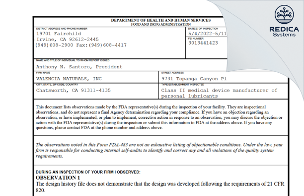 FDA 483 - VALENCIA NATURALS, INC [Chatsworth / United States of America] - Download PDF - Redica Systems