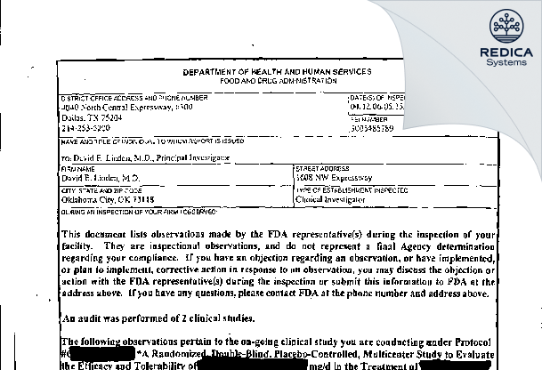 FDA 483 - David E. Linden, MD, Clinical Investigator [Oklahoma City / United States of America] - Download PDF - Redica Systems