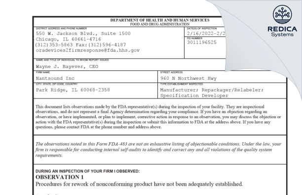FDA 483 - Nantsound Inc [Park Ridge / United States of America] - Download PDF - Redica Systems