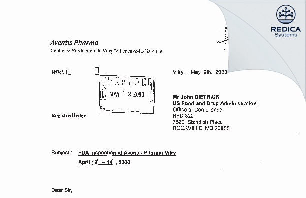 FDA 483 Response - Sanofi Chimie [France / France] - Download PDF - Redica Systems