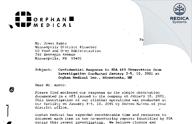 FDA 483 Response - Orphan Medical, Inc. [Minnetonka / United States of America] - Download PDF - Redica Systems
