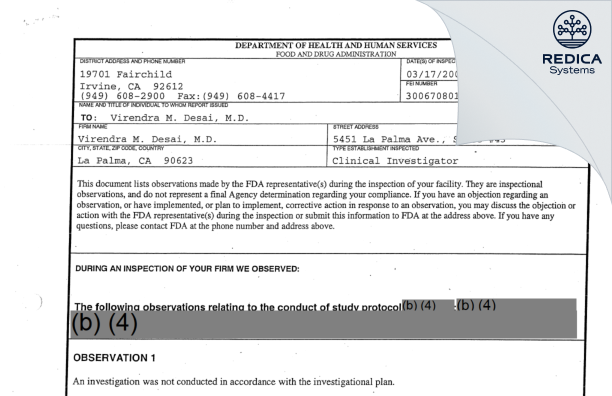 FDA 483 - Virendra M. Desai, M.D. [La Palma / United States of America] - Download PDF - Redica Systems