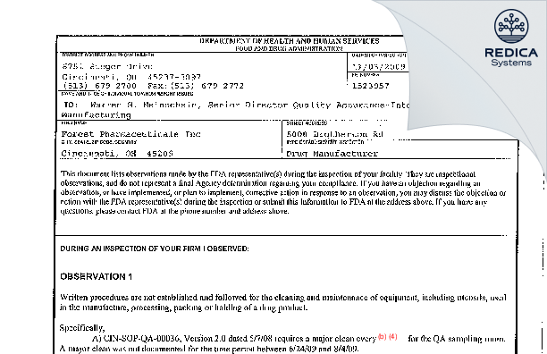 FDA 483 - Allergan Sales, LLC [Cincinnati Ohio / United States of America] - Download PDF - Redica Systems