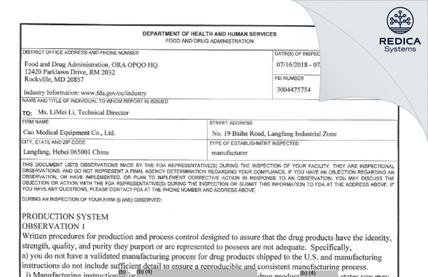 FDA 483 - CAO Medical Equipment Co., Ltd. [Langfang / China] - Download PDF - Redica Systems