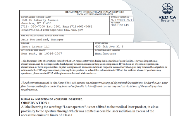 FDA 483 - Inova Lasers LLC [New York / United States of America] - Download PDF - Redica Systems