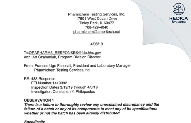 FDA 483 Response - Pharmichem Testing Services [Tinley Park / United States of America] - Download PDF - Redica Systems
