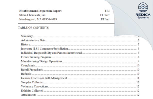 EIR - Strem Chemicals, Inc [Newburyport / United States of America] - Download PDF - Redica Systems
