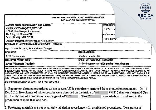FDA 483 - ACS DOBFAR SPA [Italy / Italy] - Download PDF - Redica Systems