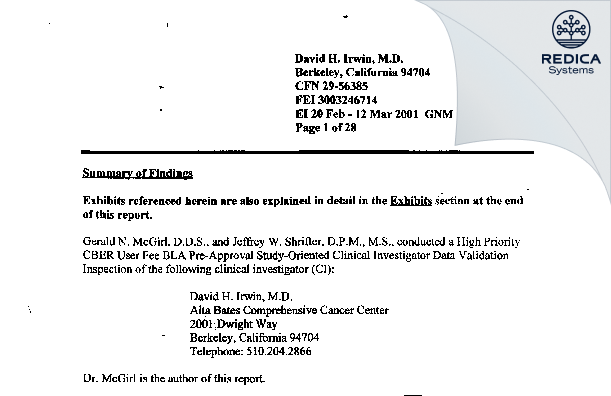 EIR - Irwin, David H., M.D. [Berkeley / United States of America] - Download PDF - Redica Systems