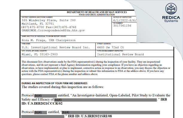 FDA 483 - U.S. Investigational Review Board Inc. [Miami / United States of America] - Download PDF - Redica Systems