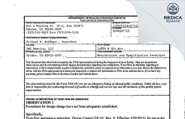 FDA 483 - CME America, LLC [Golden / United States of America] - Download PDF - Redica Systems