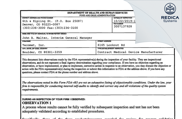 FDA 483 - Tecomet, Inc. [Boulder / United States of America] - Download PDF - Redica Systems
