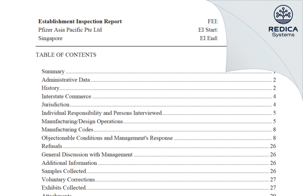 EIR - Pfizer Asia Manufacturing Pte Ltd [Singapore / Singapore] - Download PDF - Redica Systems