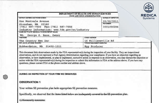 FDA 483 - Luberski, Inc. dba The Country Hen [Hubbardston / United States of America] - Download PDF - Redica Systems