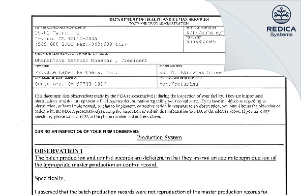 FDA 483 - Private Label Partners, Inc. [Santa Ana / United States of America] - Download PDF - Redica Systems