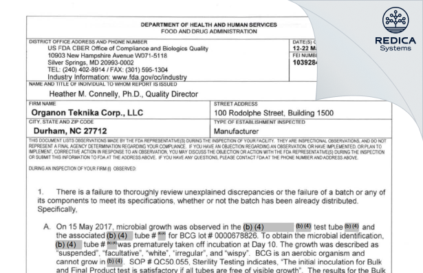 FDA 483 - Merck Teknika LLC [Durham / United States of America] - Download PDF - Redica Systems