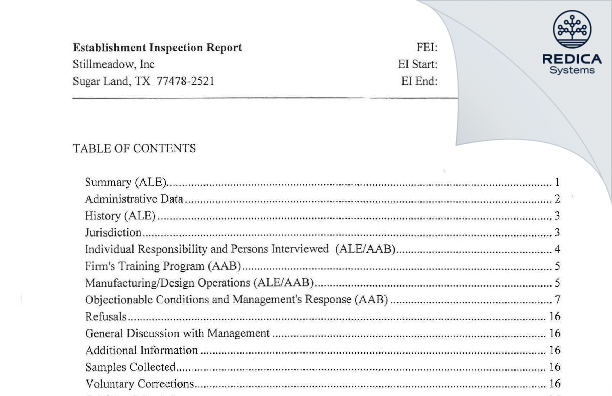 EIR - Stillmeadow Incorporated [Sugar Land / United States of America] - Download PDF - Redica Systems