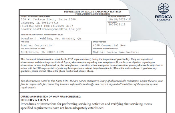 FDA 483 - Luminex Corporation [Northbrook / United States of America] - Download PDF - Redica Systems