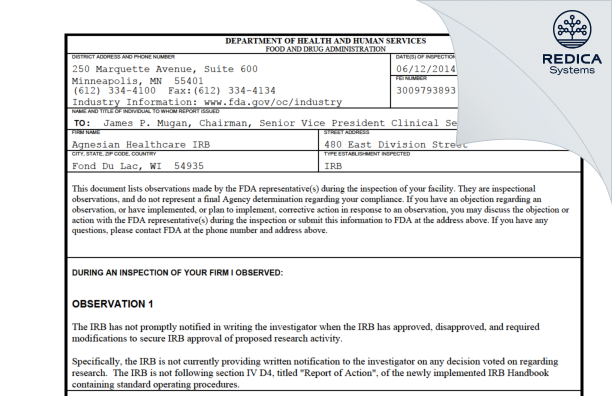FDA 483 - Agnesian Healthcare IRB [Fond Du Lac / United States of America] - Download PDF - Redica Systems