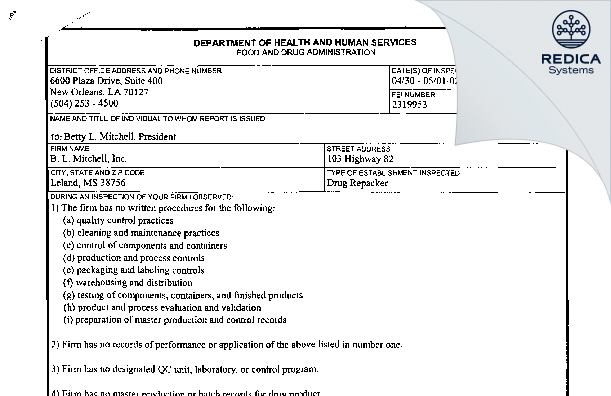 FDA 483 - B. L. Mitchell, Inc. [Leland / United States of America] - Download PDF - Redica Systems