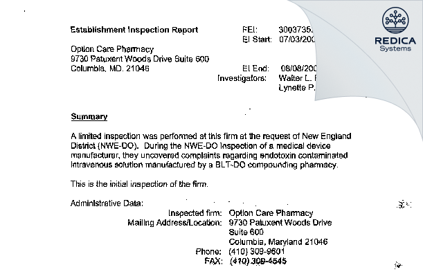 EIR - Option Care Pharmacy [Columbia / United States of America] - Download PDF - Redica Systems