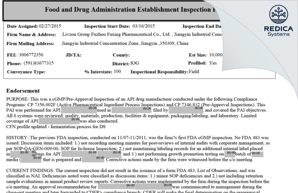 EIR - Livzon Group Fuzhou Fuxing Pharmaceutical Co., Ltd. [China / China] - Download PDF - Redica Systems