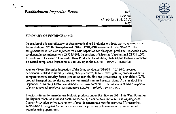 EIR - Merck Sharp & Dohme LLC [West Point / United States of America] - Download PDF - Redica Systems