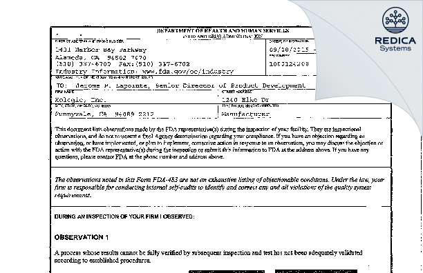 FDA 483 - Hologic, Inc. [Sunnyvale / United States of America] - Download PDF - Redica Systems