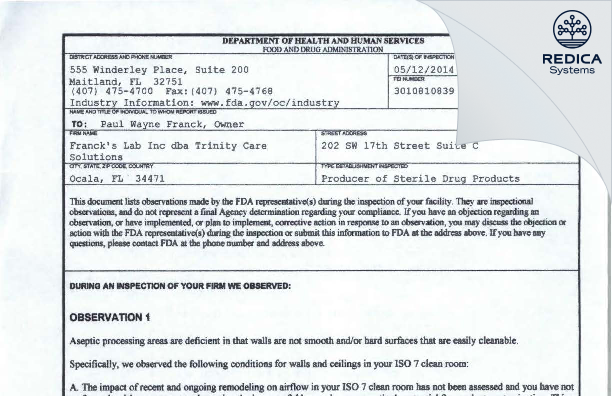 FDA 483 - Avenue Pharmacy Inc dba Pathway Pharmacy [Ocala / United States of America] - Download PDF - Redica Systems
