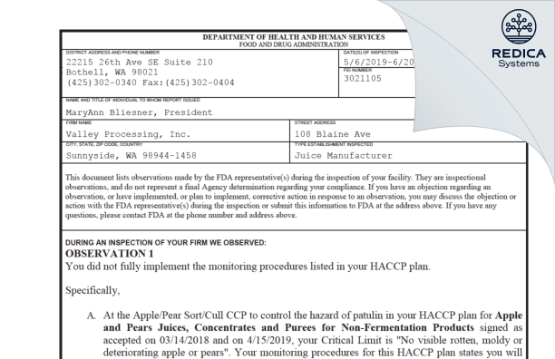 FDA 483 - Valley Processing, Inc. [Sunnyside / United States of America] - Download PDF - Redica Systems