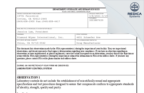 FDA 483 - Diamond Wipes International, Inc. [Chino / United States of America] - Download PDF - Redica Systems