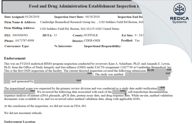 EIR - Cambridge Biomedical Research Group Inc. [Boston / United States of America] - Download PDF - Redica Systems