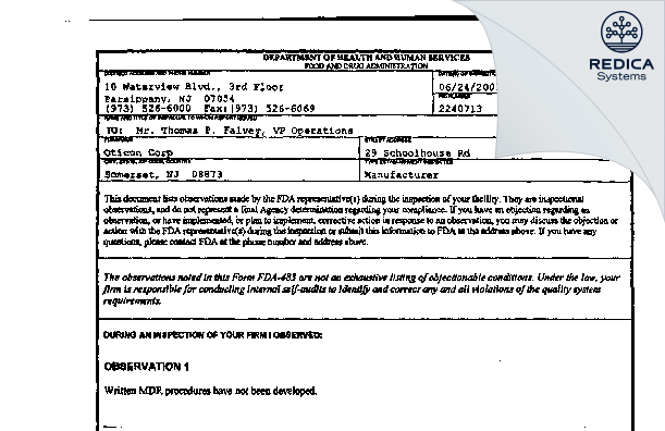 FDA 483 - Oticon Inc. [Somerset / United States of America] - Download PDF - Redica Systems