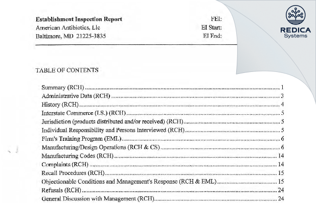 EIR - American Antibiotics,Inc. [Baltimore / United States of America] - Download PDF - Redica Systems
