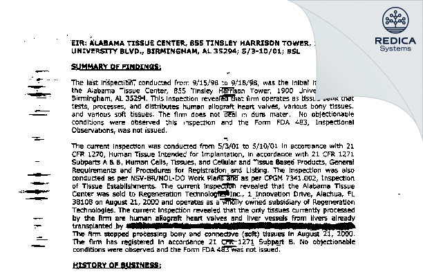 EIR - Alabama Tissue Center Inc [Birmingham / United States of America] - Download PDF - Redica Systems