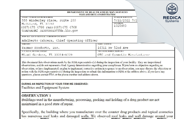 FDA 483 - Tarmac Products, Inc. [Miami Gardens Florida / United States of America] - Download PDF - Redica Systems