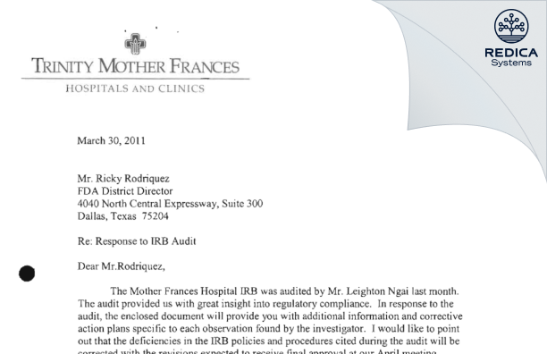 FDA 483 Response - Mother Frances Hospital IRB [Tyler / United States of America] - Download PDF - Redica Systems