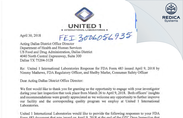 FDA 483 Response - United Laboratories Manufacturing, LLC [Carrollton / United States of America] - Download PDF - Redica Systems