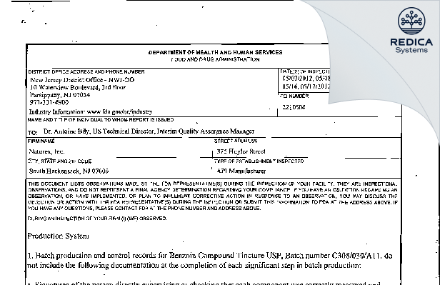 FDA 483 - Givaudan Flavors Corporation [S Hackensack / United States of America] - Download PDF - Redica Systems