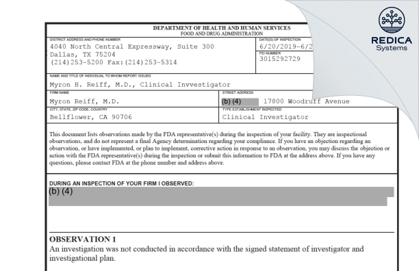 FDA 483 - Myron Reiff, M.D. [Bellflower / United States of America] - Download PDF - Redica Systems