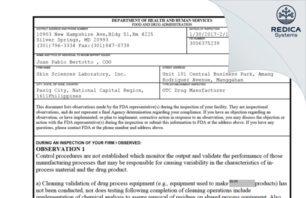 FDA 483 - Skin Sciences Laboratory, Inc. [- / Philippines] - Download PDF - Redica Systems