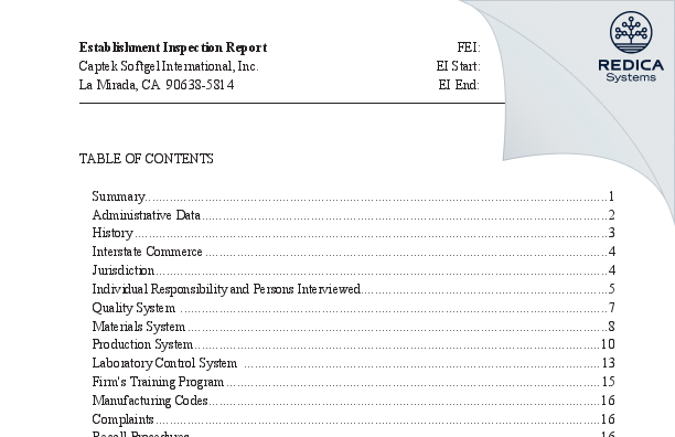 EIR - Captek Pharma [La Mirada California / United States of America] - Download PDF - Redica Systems