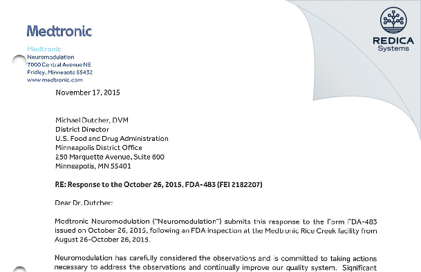 FDA 483 Response - Medtronic Neuromodulation [Minneapolis / United States of America] - Download PDF - Redica Systems