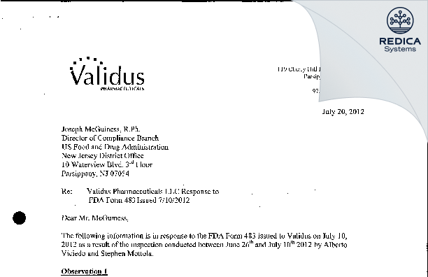 FDA 483 Response - Validus Pharmaceuticals, Inc. [Parsippany / United States of America] - Download PDF - Redica Systems
