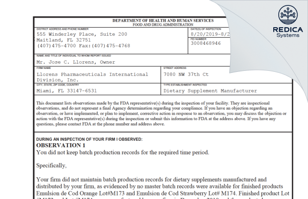 FDA 483 - Llorens Pharmaceutical International Division, Inc. [Florida / United States of America] - Download PDF - Redica Systems