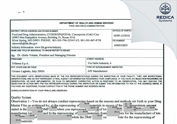 FDA 483 - Trifarma S.p.A [Italy / Italy] - Download PDF - Redica Systems