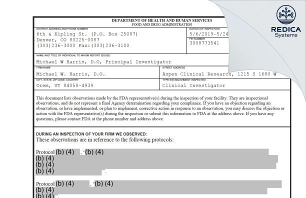 FDA 483 - Michael W. Harris, D.O. [Orem / United States of America] - Download PDF - Redica Systems