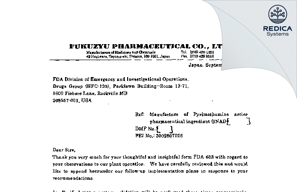 FDA 483 Response - Fukuzyu Pharmaceutical Co., Ltd. [- / Japan] - Download PDF - Redica Systems