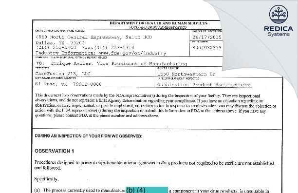 FDA 483 - CareFusion 213 LLC [El Paso / United States of America] - Download PDF - Redica Systems