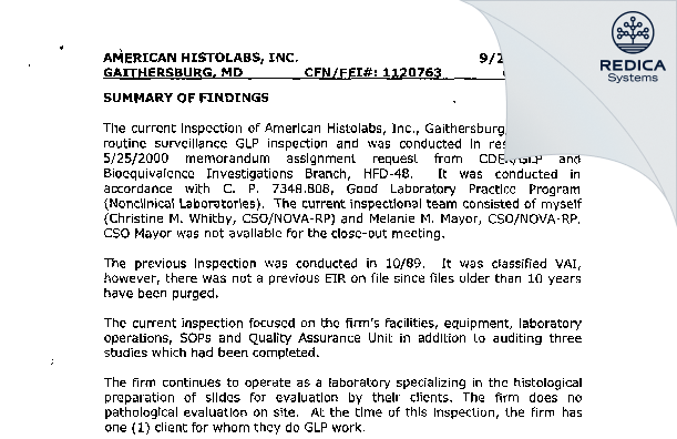 EIR - American Histolabs Inc [Gaithersburg / United States of America] - Download PDF - Redica Systems